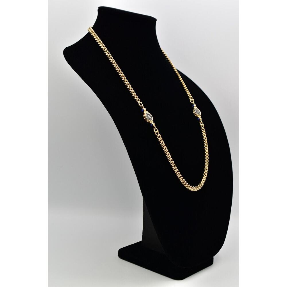 Givenchy Vintage Logo Coin Necklace Blue Cabochon Gold Station Chain 1980s BinBJ - Picture 4 of 12